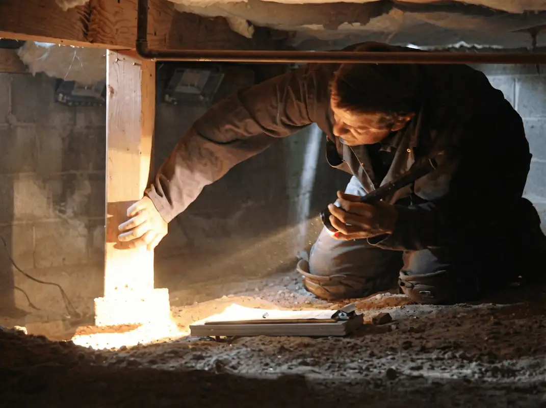 A professional inspecting wooden beams under the floor of a structure in Naperville, IL